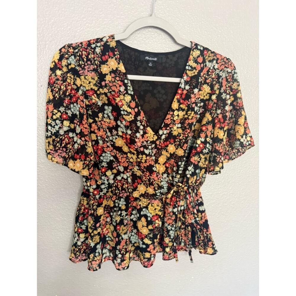 Madewell Black Floral Wrap Blouse with Yellow & Red Accents Size XS